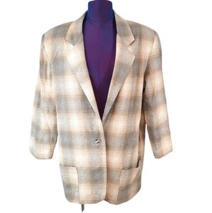 Plaid Gray & Cream Blazer with Pockets Size 11/12 Light Academia Women's